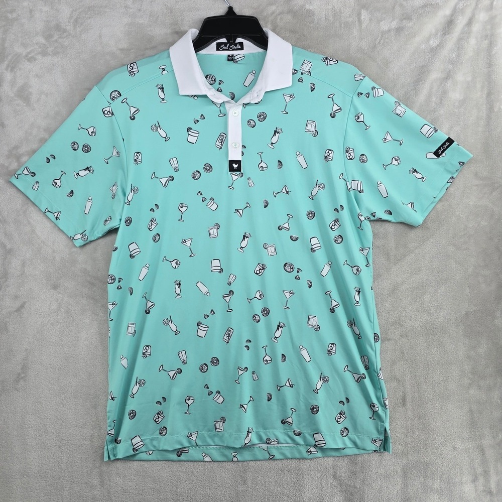 Bad Birdie Polo Shirt Mens Size Medium Mint Green Cocktail Martini Print Golf
